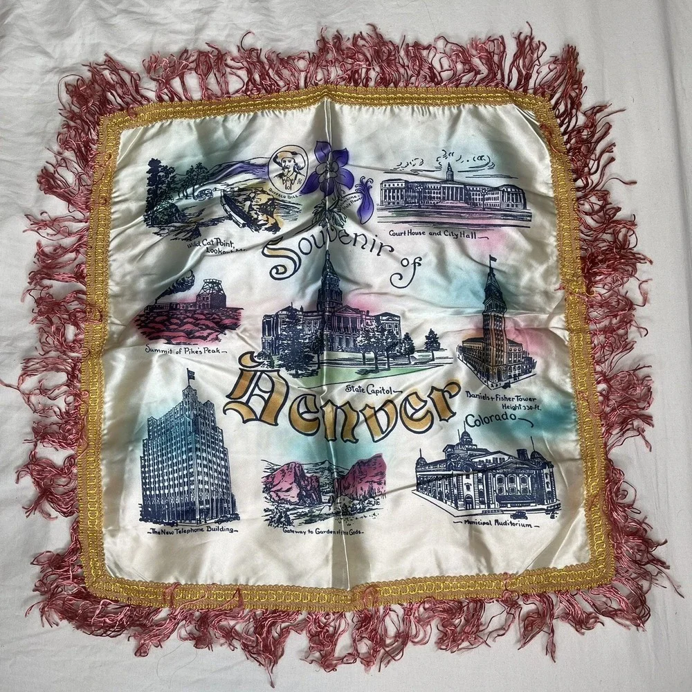 Vintage Souvenir of Denver Satin &Fringe Pillowcase Square 17